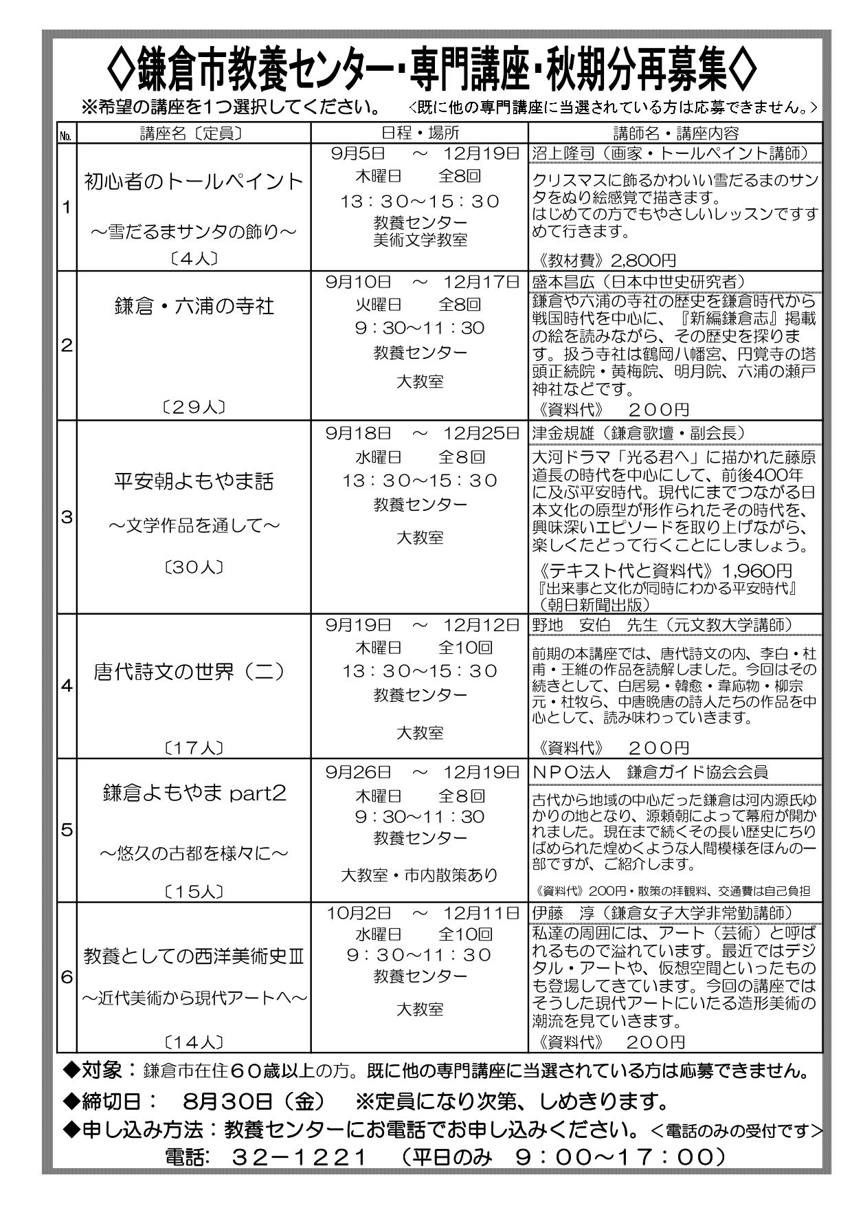 鎌倉市教養センター・専門講座・秋期分再募集～ご案内～